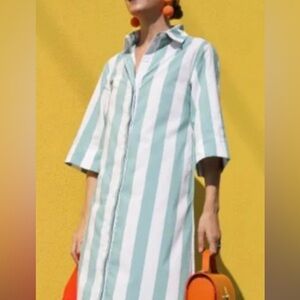 Atlantic-Pacific x LAKE Shirt Dress Womens XS Green/White Striped Pockets Resort